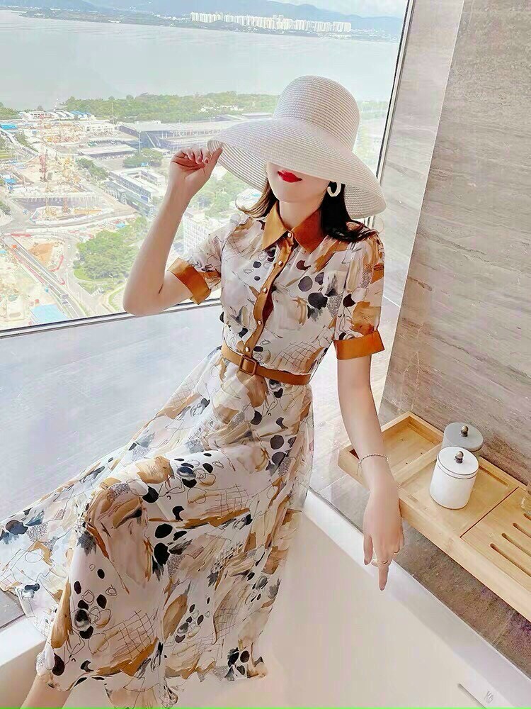 Đầm Voan Họa Tiết Viền Màu Kèm Belt - HN952